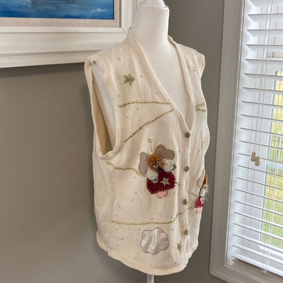 Bobbie Brooks Vintage Cream Angel Holiday Cloud Sweater Vest Large - Picture 4 of 13
